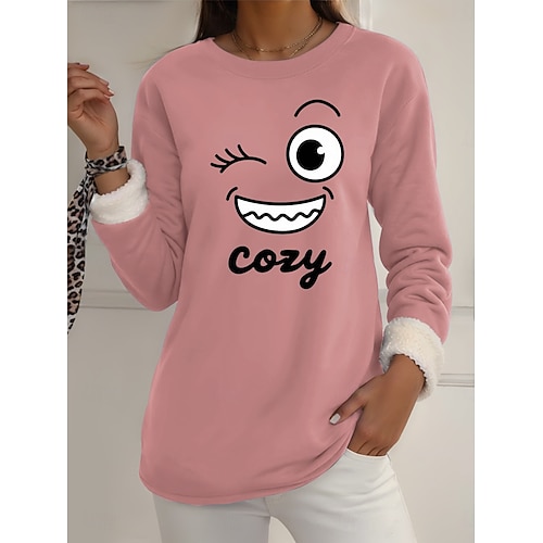  Pull-over pour femme, sweat-shirt graphique, chaud, décontracté, duveteux, manches longues, col rond, régulier, streetwear, décontracté, jaune, rose, rose foncé, bleu, gris, printemps, automne, hiver