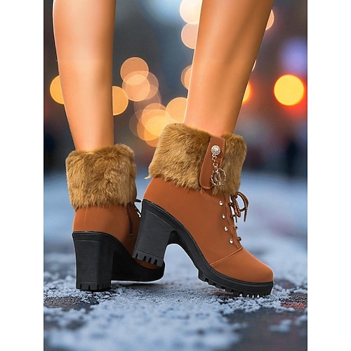  Botas femininas pretas de pele sintética com cadarço e salto grosso – botas de neve quentes para mercados de Natal, streetwear casual e moderno