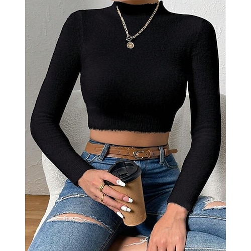  Femmes Pull Mode Occasionnel Couleur Unie Côtelé Col montant Tricoté manche longue Hauts Réguliers Tricoter Extérieur Quotidien Week-end Noir Blanche Automne Hiver