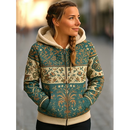  Per donna Felpe con cappuccio Floreale Grafico Elegante Caldo Vintage Manica Lunga Con Cappuccio Top Regolari Streetwear Abbigliamento Quotidiano Patchwork Cerniera Tasca Verde Cachi Primavera Autunno
