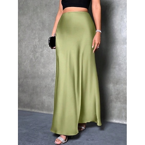  Femmes Jupe Moulant Élégant Mode Maxi Taille haute Jupes Uni Micro-Élastique Soirée Rue Noir Fuchsia Vert Kaki Printemps Satin Polyester