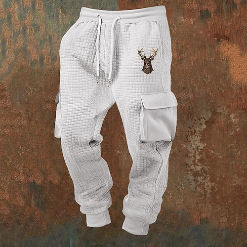 Men's Sweatpants Joggers Trousers Waffle Pants Drawstring Pocket Elastic Waist Deer Comfort Sports Outdoor Daily Fashion Casual Black White Micro-elastic