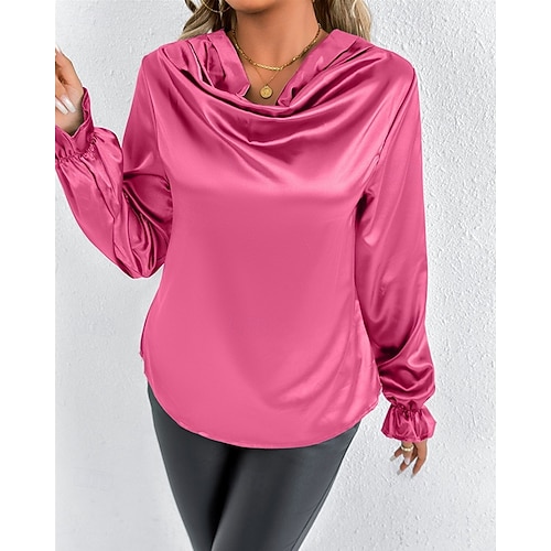  Per donna Camicia Camicia in raso Tinta unica Elegante Casual Manica Lunga Scollo a Cascata Top Regolari Quotidiano Uscire Drappeggiato Nero Rosa Verde Albicocca Primavera Autunno
