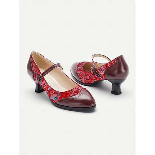  Escarpins Mary Jane en jacquard rouge vintage des années 1950 pour femmes - Chaussures habillées rétro à talon moyen avec motif de brocart floral et bride boutonnée pour les soirées Gatsby, les