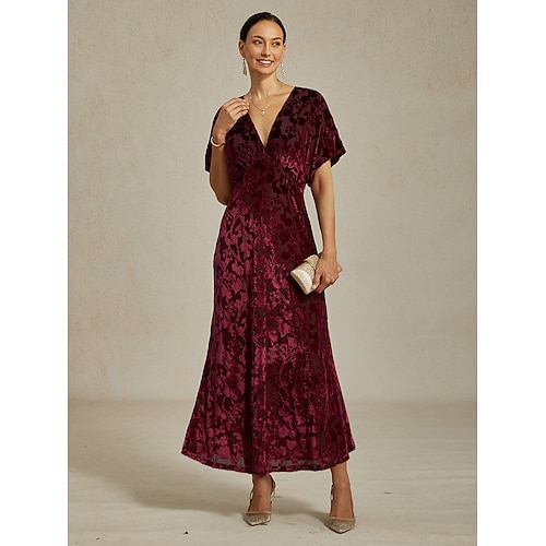  Dames Fluwelen Midi Jurk Sheath Jurk Elegante Party Party Bruidsgast Cocktail Party Regular Fit Effen Kleur Bloemmotief Mouwloos V-Hals Rood Zomer Lente Herfst Winter