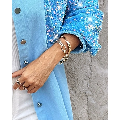  Women's Casual Jacket Comfortable Breathable Pocket Buttons Casual Street Style Color Block Vacation Street Casual Daily Wear Single Breasted Short Turndown Regular Fit Long Sleeve Outerwear Blue