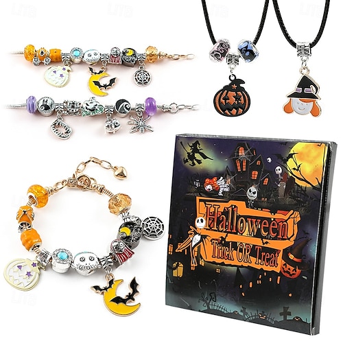  Halloween Advent Calendar Halloween Treasures Charm Bracelet 24 Days DIY Jewelry Making Kit with 20 Charm Beads and 3 Adjustable Bracelets, Xmas Countdown Gift for Kids Teens Women