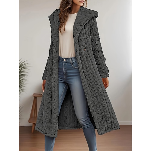  Dam Vinterkappa Sherpajacka Bekväm Andningsfunktion Ficka Ledigt Slät Semester Gata Ledigt Dagliga kläder Öppen front Lång Huva Normal Långärmad Ytterkläder Svart Aprikos Beige Vår Höst