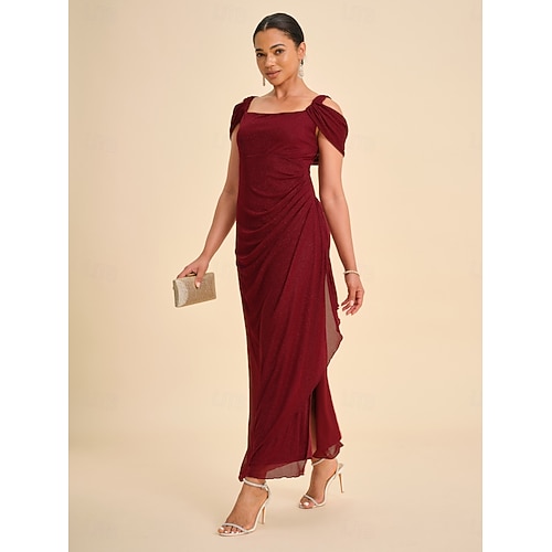  Femmes Robe maxi Robe fourreau Élégant Fête Anniversaire Couleur Unie Sans manches Col carré Rouge vin Été