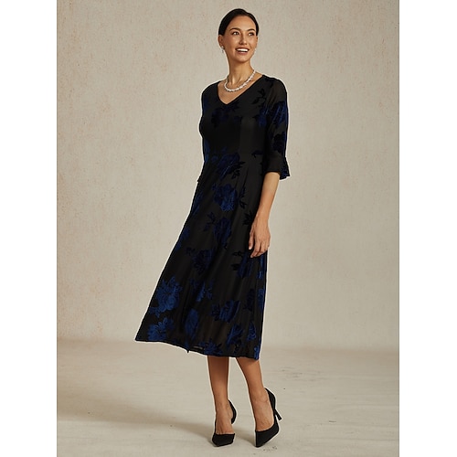 Sukienka midi z weluru dla kobiet sukienka w kształcie litery A elegancka na urodziny na koktajlową imprezę dla gościa weselnego welurowa codzienna regularny krój kwiatowa pół rękaw dekolt w  Sukienka midi z weluru dla kobiet sukienka w kształcie litery A elegancka na urodziny na koktajlową imprezę dla gościa weselnego welurowa codzienna regularny krój kwiatowa pół rękaw dekolt w