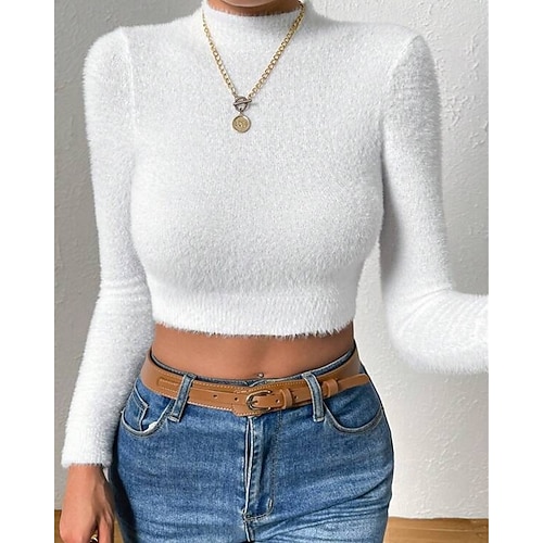  Femmes Pull Mode Occasionnel Couleur Unie Côtelé Col montant Tricoté manche longue Hauts Réguliers Tricoter Extérieur Quotidien Week-end Noir Blanche Automne Hiver