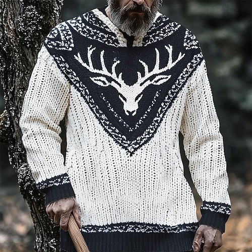 Pull Viking Homme En Polaire - Style Rétro Avec Imprimé - Col Montant, Manches Longues - Chaud Et Ample Pour L'hiver