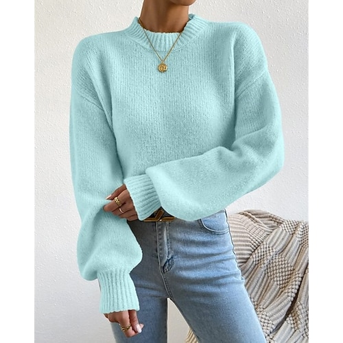  Femmes Pull Mode Occasionnel Couleur Unie Côtelé Col montant Tricoté manche longue Hauts Réguliers Tricoter Extérieur Quotidien Week-end Bleu Automne Hiver