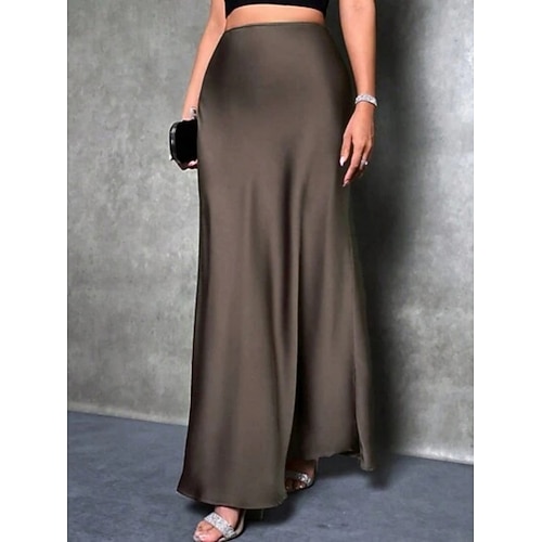  Femmes Jupe Moulant Élégant Mode Maxi Taille haute Jupes Uni Micro-Élastique Soirée Rue Vin Bleu Vert foncé Violet Printemps Satin Polyester