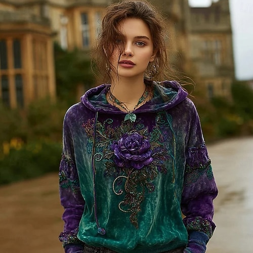  Femmes Sweat à capuche Fleuri Graphique Élégant Chaud Actif manche longue À capuche Hauts Réguliers Rue Tenue Quotidienne Occasionnel Patchwork Imprimé Vert Claire Violet Claire Violet Beige