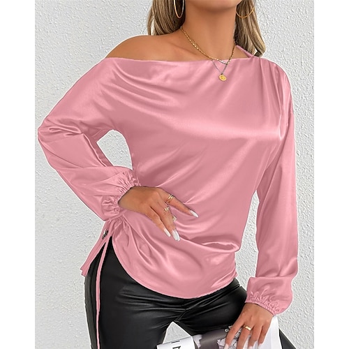  Dames Overhemd Satijnen overhemd Effen Kleur Stijlvol Casual Lange mouw Schouderafhangend koude schouder Normale tops Dagelijks Uitgaan Asymmetrisch Blozend Roze Abrikoos Lente Herfst