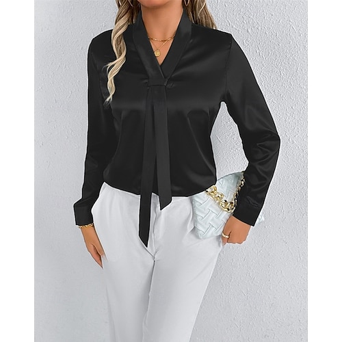  Per donna Camicia Camicia in raso Tinta unica Elegante Casual Manica Lunga Scollo a V Top Regolari Quotidiano Uscire Nodo frontale Nero Bianco Primavera Autunno