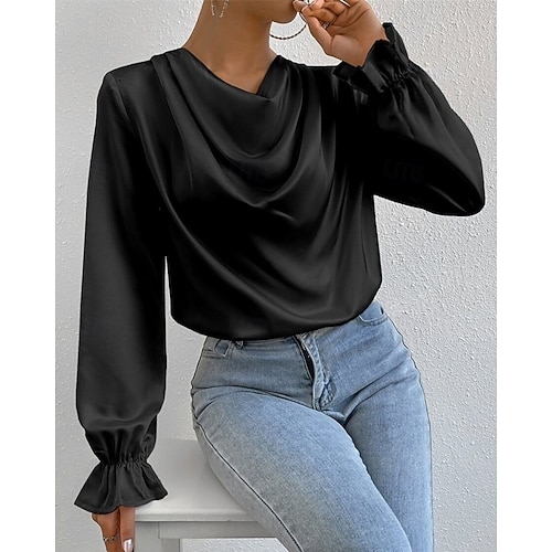  Per donna Camicia Camicia in raso Semplice Elegante Casual Manica Lunga Scollo a Cascata Top Regolari Quotidiano Uscire Drappeggiato Nero Rosa Verde Albicocca Primavera Autunno
