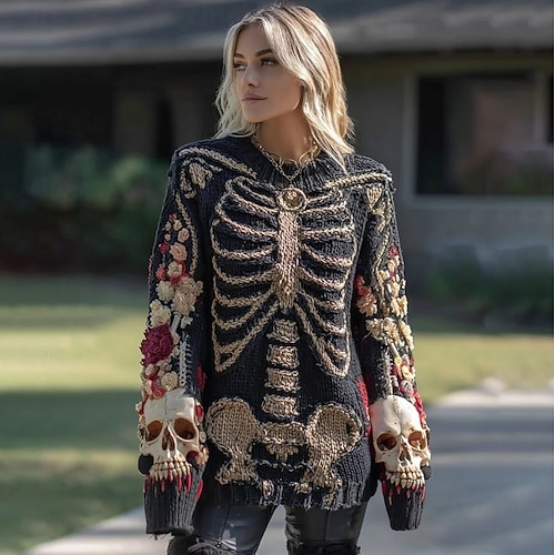  Halloween dámský svetr kostra roztomilý streetwear casual grafika kostra kulatý výstřih patchwork pletený dlouhý rukáv běžné topy pletená černá růžová podzim zima