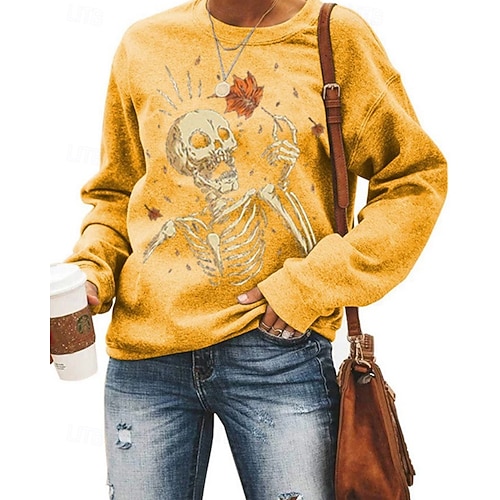  Per donna Felpa Pullover Grafico Teschio Halloween Attivo Moda Streetwear Manica Lunga Girocollo Top Regolari Streetwear Abbigliamento Quotidiano Casuale Stampato Giallo Rosa Blu Grigio Autunno