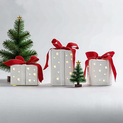 Christmas bow ribbon ceramic translucent pentagonal LED gift box