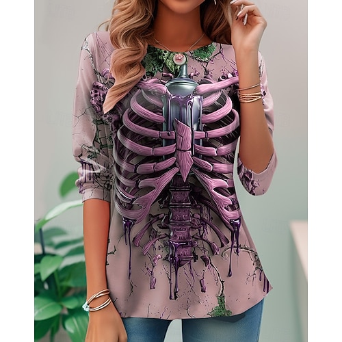  ハロウィン レディース Tシャツ スケルトン スカル グラフィック スケルトン ヴィンテージ ファッション スタイリッシュ 長袖 クルーネック ラウンドネック レギュラー トップス デイリー ウィークエンド プリント イエロー ピンク パープル グリーン 夏 春 秋