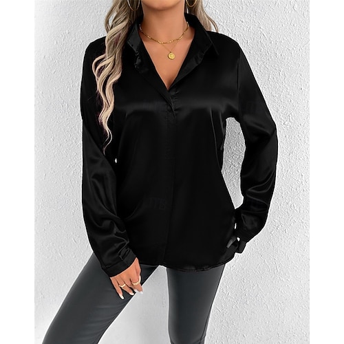  Per donna Camicia Camicia in raso Tinta unica Elegante Casual Manica Lunga Colletto a Camicia Top Regolari Quotidiano Uscire Bottoni Nero Bianco Beige Primavera Autunno