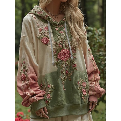  Femmes Sweat à capuche Fleuri Graphique Élégant Chaud Actif manche longue À capuche Hauts Réguliers Rue Tenue Quotidienne Occasionnel Patchwork Imprimé Vert Claire Violet Claire Violet Beige