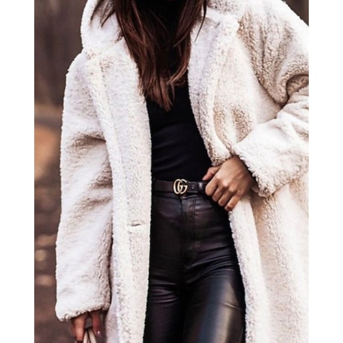  Dames Winterjas Fleecejack Houd Warm Comfortabel Zak Knop Modieus Casual Effen Vakantie Straat Casual Alledaagse kleding Enkele rij knopen Lang Capuchon Normale pasvorm Lange mouw bovenkleding Beige