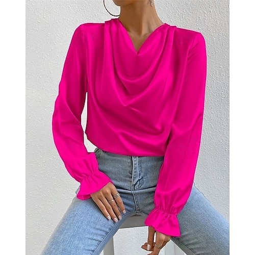  Per donna Camicia Camicia in raso Semplice Elegante Casual Manica Lunga Scollo a Cascata Top Regolari Quotidiano Uscire Drappeggiato Nero Rosa Verde Albicocca Primavera Autunno