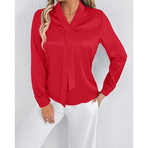  Femmes Chemise Chemise en satin Couleur Unie Élégant Occasionnel manche longue Col en V Hauts Réguliers Quotidien Sortir Nœud devant Rose Claire Rouge Printemps Automne