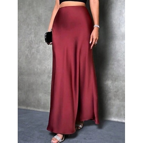  Femmes Jupe Moulant Élégant Mode Maxi Taille haute Jupes Uni Micro-Élastique Soirée Rue Vin Bleu Vert foncé Violet Printemps Satin Polyester