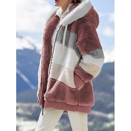 Per donna Giacca Sherpa Confortevole Traspirante Patchwork Cerniera Casual Blocco di colori Vacanza Streetwear Casuale Abbigliamento quotidiano Cerniera Regolare Con Cappuccio Vestibilità regolare  Per donna Giacca Sherpa Confortevole Traspirante Patchwork Cerniera Casual Blocco di colori Vacanza Streetwear Casuale Abbigliamento quotidiano Cerniera Regolare Con Cappuccio Vestibilità regolare