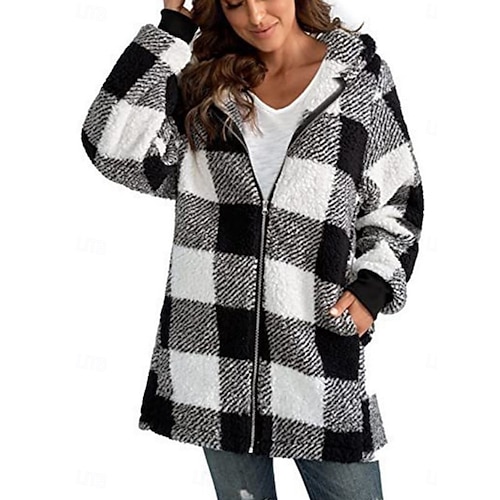  Dam Fleece-jacka Vardaglig jacka Hoodiejacka Bekväm Andningsfunktion Dragkedja Ficka Mönster Ledigt Rutig Semester Gata Ledigt Dagliga kläder Dragkedja Lång Huva Lös passning Långärmad Ytterkläder