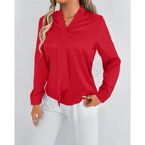  Femmes Chemise Chemise en satin Couleur Unie Élégant Occasionnel manche longue Col en V Hauts Réguliers Quotidien Sortir Nœud devant Rose Claire Rouge Printemps Automne