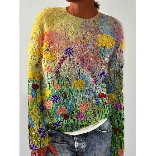 Damen Pullover Lässig Blumen Grafik Rundhalsausschnitt Patchwork Gestrickt Langarm Normale Oberteile Stricken Arbeit Gelb Orange Frühling Herbst