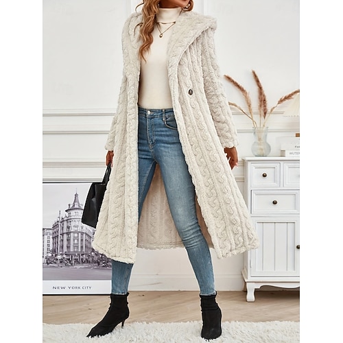  Dam Vinterkappa Sherpajacka Bekväm Andningsfunktion Ficka Ledigt Slät Semester Gata Ledigt Dagliga kläder Öppen front Lång Huva Normal Långärmad Ytterkläder Svart Aprikos Beige Vår Höst