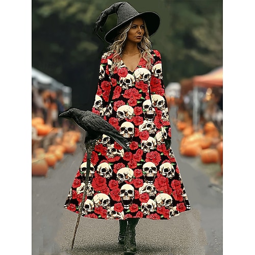  Halloween Women's Witch Print Maxi Dress A Line Dress Vacation Casual Boho Beach Regular Fit Floral Graphic Long Sleeve V Neck Deep Purple Black Pink Wine Spring Fall
