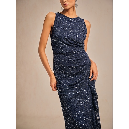  Femmes Robe maxi Robe fourreau Élégant robe demoiselle d honneur Soirée Coupe régulière Couleur Unie Sans manches Col ras du cou bleu marine Printemps Automne