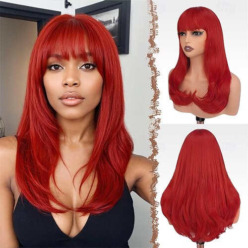 Long Wigs with Bangs Synthetic Natural Looking Layered 