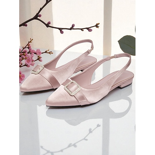 ballerine da donna in raso rosa con cinturino posteriore e fibbia in strass, eleganti scarpe a punta con tacco basso per cocktail party &eventi serali