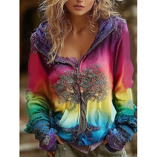  Женская толстовка с 3D печатью Винтажная Бохо толстовка Патчворк С цветочным узором Застёжка на молнии Цветочный Панк Активная Винтажная Длинный рукав С капюшоном Обычные топы Домашняя Повседневная