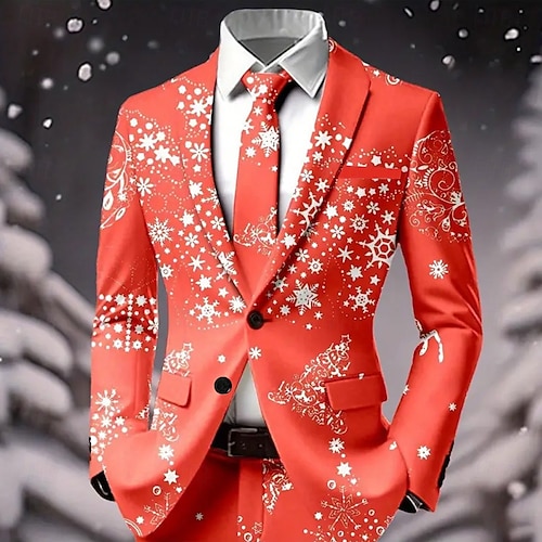  Муж. Блейзер Пальто Рождество Отпуск Повседневные На каждый день Наступила зима 100% полиэстер В снежинку 3D печать Пуговицы Сохраняет тепло Удобный Однобортный крой Блейзер Красный 1 Красный 4