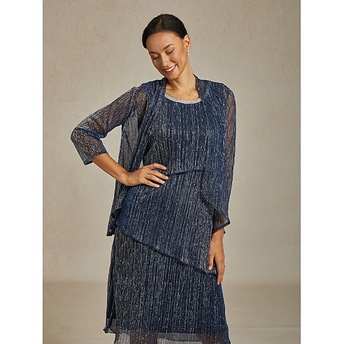  Women's Evening Tops Solid Color Stylish Romantic Wedding 3/4 Length Sleeve Wedding Guest Evening Party Business Attire Pleated Layered Metallic Navy Blue Summer Spring Fall Winter