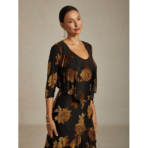  Женские бархатные накидки цветочные элегантные винтажные рукав 3/4 V-образный вырез для гостя на свадьбе вечерняя одежда вечерняя вечеринка коричневый осень зима