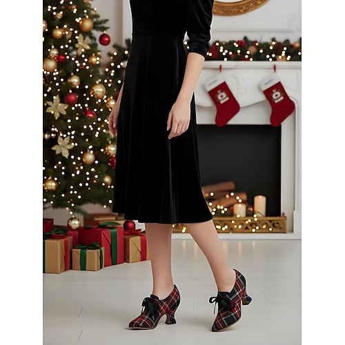  Escarpins vintage à carreaux rouges style édouardien des années 1920 pour femmes avec nœud en satin noir – chaussures de Noël rétro élégantes pour les occasions festives et les fêtes