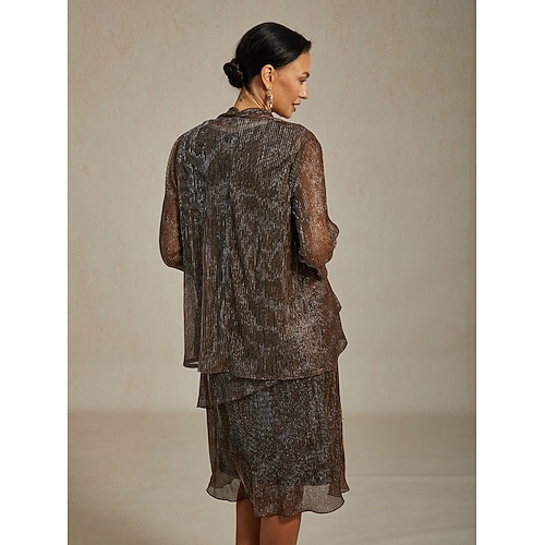  Women's Evening Tops Solid Color Stylish Romantic Wedding 3/4 Length Sleeve Wedding Guest Evening Party Business Attire Pleated Layered Metallic Brown Summer Spring Fall Winter
