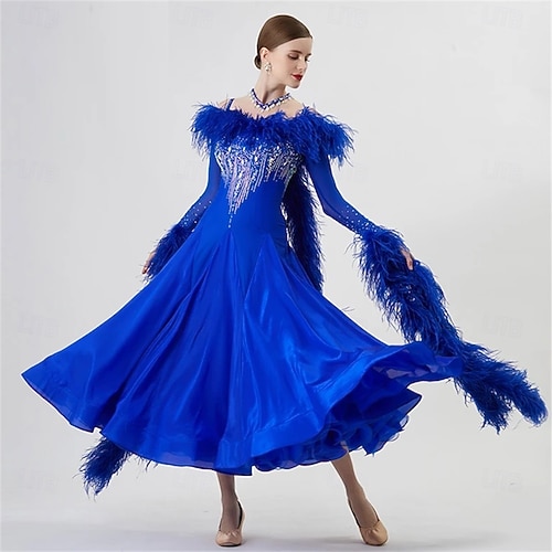 blue dress waltz Women's Ballroom Dance Dress Feather Rhinestone Long Sleeve Waltz Tango  Competition Performance Gown Elegant Flowing Skirt – Royal Blue 2026