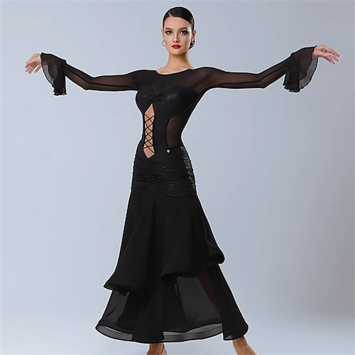Women's Ballroom Dance Dress Black Mesh Long Sleeve Lace-Up Front Chiffon  Bell Sleeve Sexy Tango Rumba Paso Doble Performance Dress 2026 - $294.49