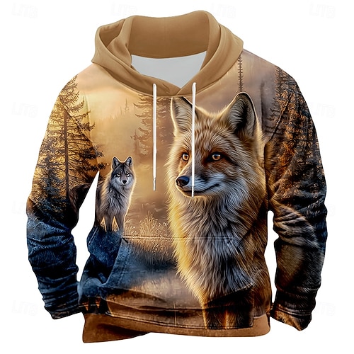  Męskie Lisek Druk 3D Bluza z Kapturem Bluzy Moda Klasyczny Półgolf Na zewnątrz Łowiectwo Niebieski Brązowy Ściągana na sznurek Jesień Zima Projektant S M L XL XXL XXXL